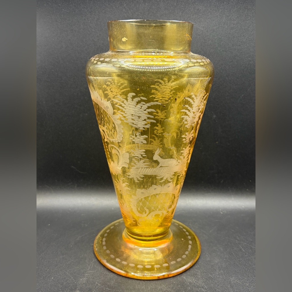Vintage Bohemian Etched Yellow Pastoral Castle Rabbit Bird Landscape Glass Vase - Picture 1 of 16